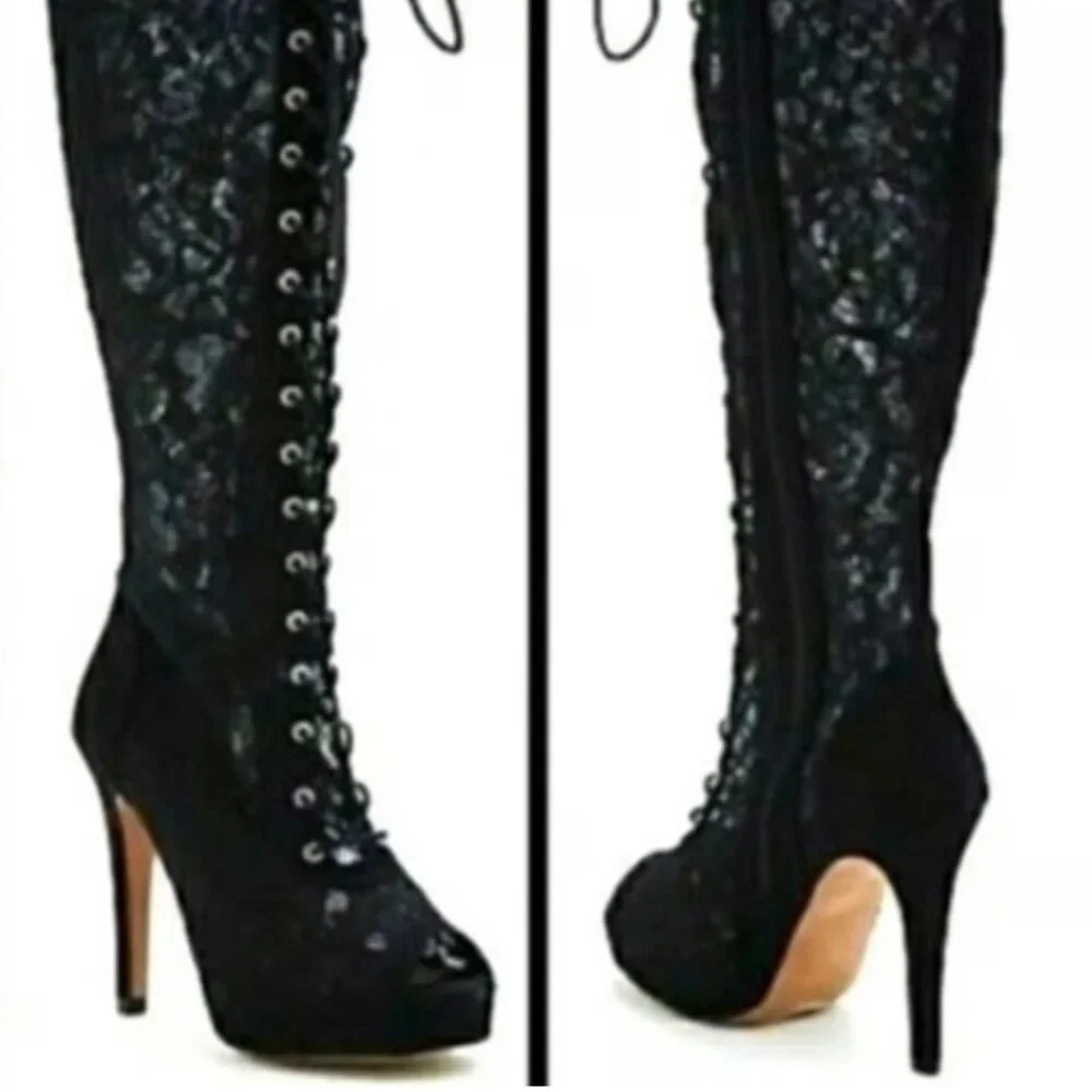 NWT Torrid black all over lace, lace-up over-knee boots - Picture 1 of 5